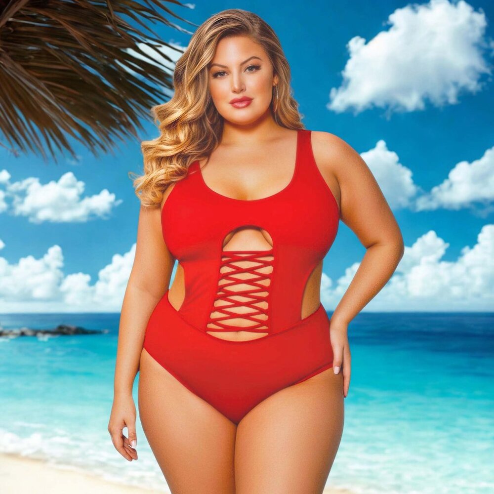 Plus 1Pc  Swimsuit Womens Size 1x 2x 3x 4x Red One Piece High Leg Swimwear - Picture 5 of 8